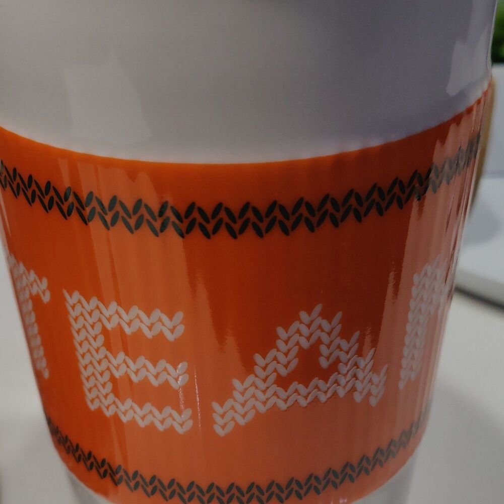 Starbucks Ceramic Travel Mug Orange/White Fair Isle Christmas 10 oz Drink Lid